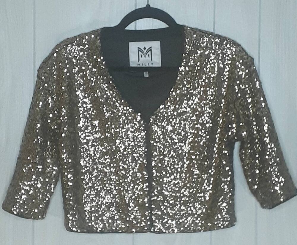 Milly Cropped Black and Gold Sequin Jacket Size Small Cropped Sleeves